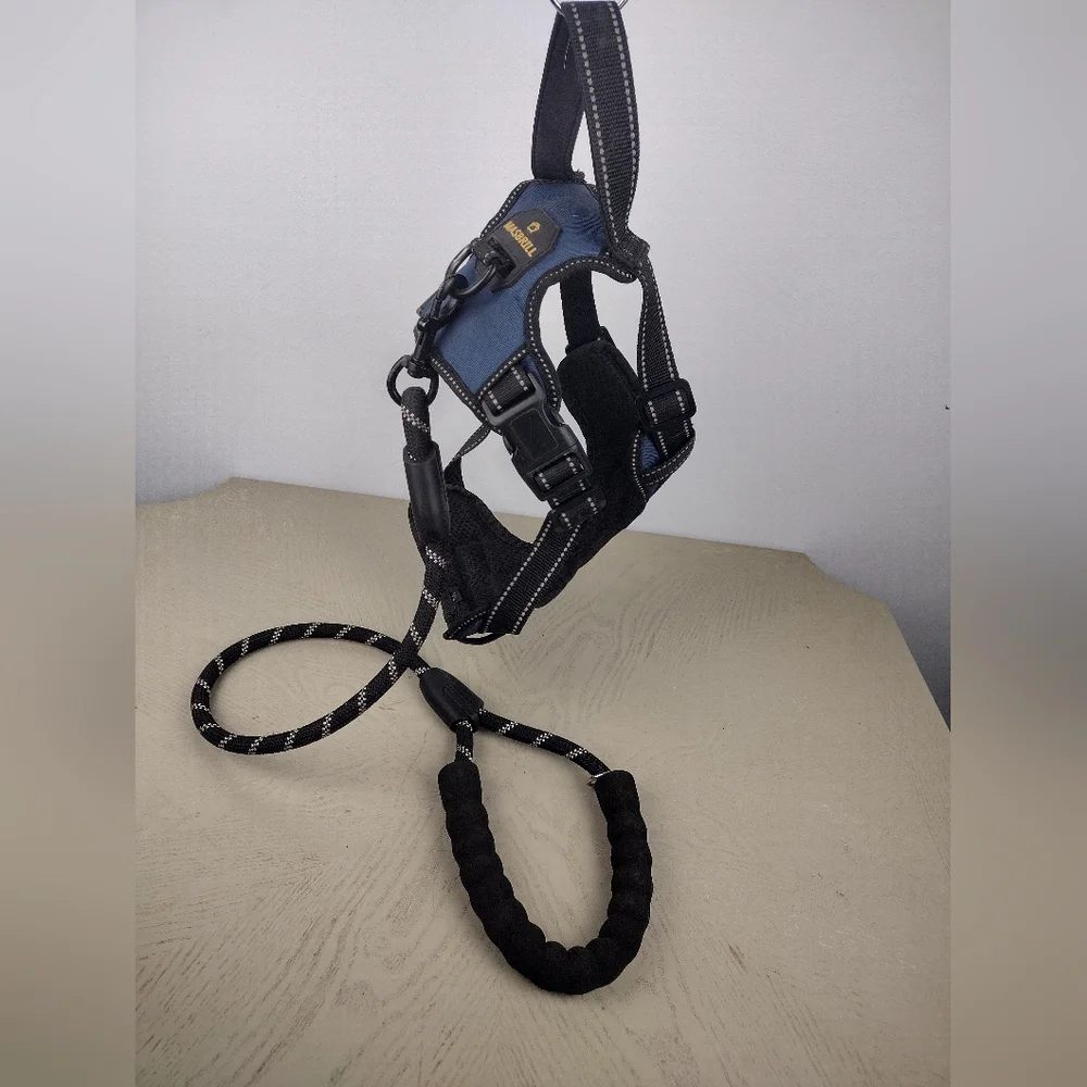 Masbrill Black and Blue Dog Harness with Leash Set size M